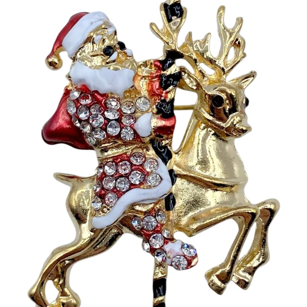 Brooch gold tone pin 2.5” enamel rhinestone Christmas Santa on carousel